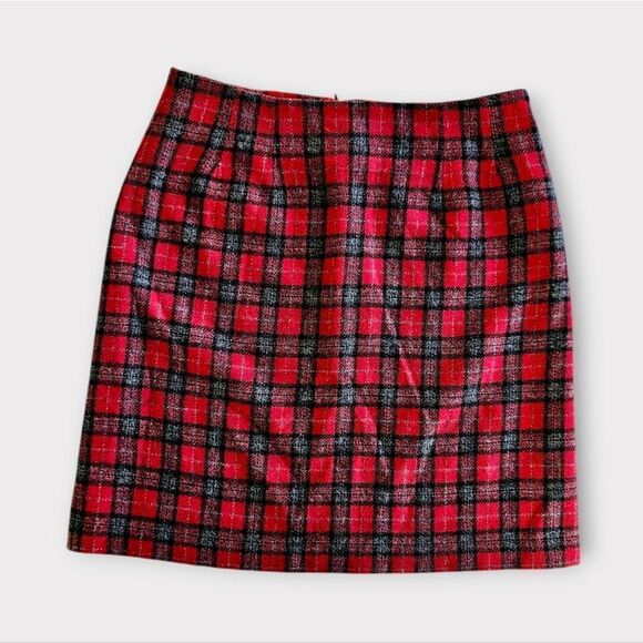 Vintage Savannah 1980's Red Plaid Tartan Wool Blend Mini Pencil Preppy Skirt 12P - Picture 1 of 6